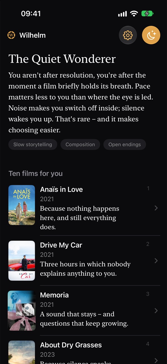 Wilhelm shows ten films for tonight, each with a one-sentence reason